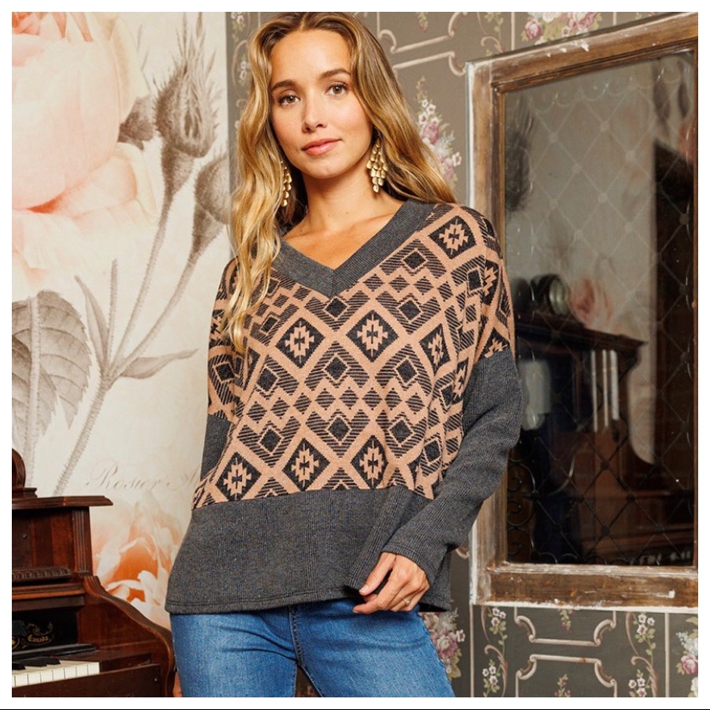 #25 Boho V-Neck Patterned Knit Top LAST ONE!